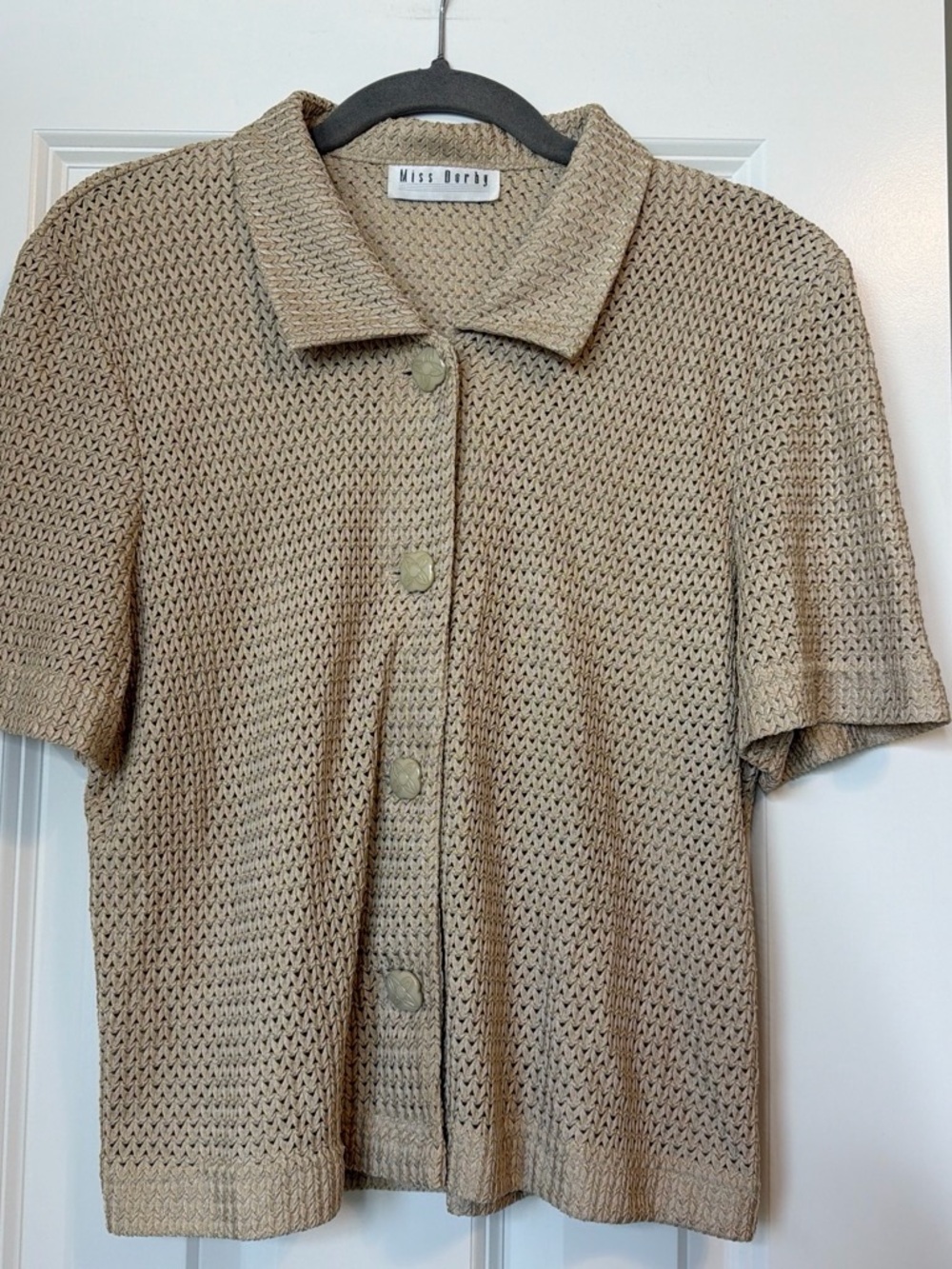 Vintage Miss Dorby Beige Open Knit Crochet Button Up Top Approx S/M